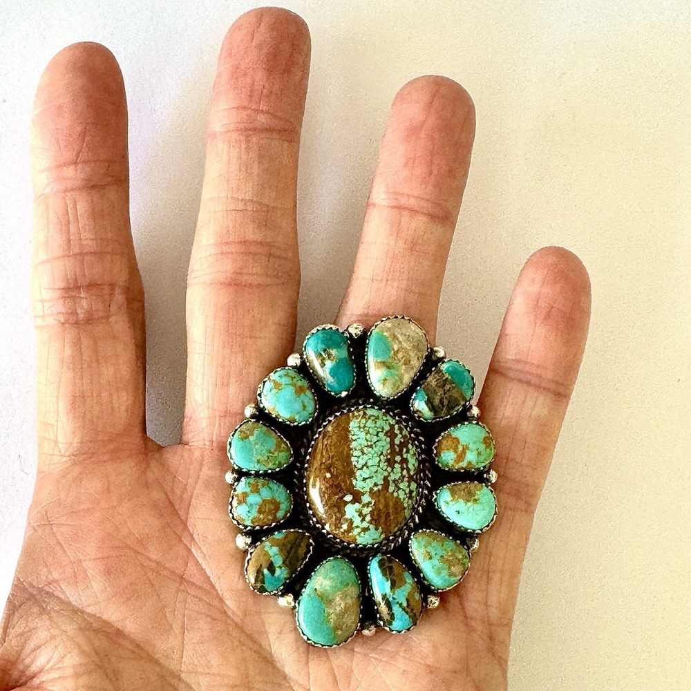 HUGE Navajo Cluster Ring Sz 7 Turquoise #8 Mine Sterling Signed Spencer Native‎ - Picture 2 of 9